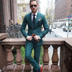 Koyu Yeşil Erkek Düğün Smokin Çentik Yaka Damat Groomsmen Smokin Popüler Adam Blazers Ceket Mükemmel 2 Parça Suit (Ceket + Pantolon + Kravat) 1300