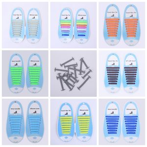 Solid color Unisex Easy No Tie Shoelaces adult Silicone Elastic Shoe Laces man women Running Shoelacess Fit All Sneakers 16pcs set