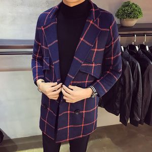 Męskie Jesień Winter Tharch Kurtki Moda Casual Slim Plaid Double Breasted Płaszcz High-End Długi Wełniany Płaszcz Męska Kurtka