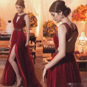 Prom Bury Dresses Jewel Neck Beaded Waist Side Slit Backless Custom Made Plus Size Tulle Evening Party Gowns Formal Ocn Wear