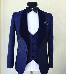 Blue Jacquard Groom Tuxedos Velvet Shawl Lapel Mens Wedding Tuxedos 19 Style Man Jacket Blazer 3 Piece Suit(Jacket+Pants+Vest+Tie) 1287