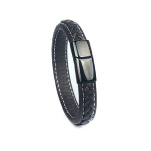 Por atacado preto genuíno couro pulseira pulseira de aço inoxidável fivela magnética pulseiras pulseiras homens e mulheres jóias