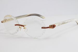 Satış Kırmızı Büyük Taşlar Çerçevesiz güneş gözlüğü 3524012 Beyaz Hakiki Boynuz Manda Boynuzu Gözlük Büyük Boy Yuvarlak Gözlük Tasarımcısı Erkek Kadın Lüks
