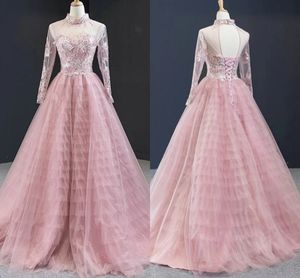 Blush Lace High Neck Evening Gowns Formal Prom Dress Ruffle Skirt Illusion Long Sleeve Embroidery Beaded Princess Prom Sweet 16 Dress Cheap