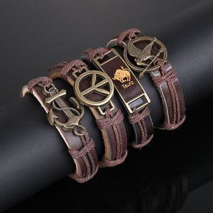 Braccialetti di ancoraggio da uomo Braccialetti con ciondoli Bracciale in pelle intrecciata marrone Moda animale Uomo Gioielli fatti a mano Bracciale in lega di bronzo intrecciato regolabile Regali