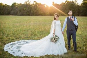 2020 Vintage taglie forti abiti da sposa con mezze maniche gioiello pizzo Cattedrale di treno Abiti da sposa couture Custom Made abiti di nozze