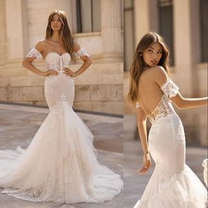 Berta 2020 New Mermaid Wedding Dresses Sweetheart Lace Appliques Bridal Gowns Sweep Train Sexy Backless Beach vestidos de noiva 2056