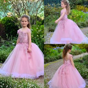 Pink Flower Girl Dresses Jewel Neck A Line 3D Floral Appliques Sweep Train Short Sleeves Girls Pageant Dresses Cheap Kids Formal Gowns