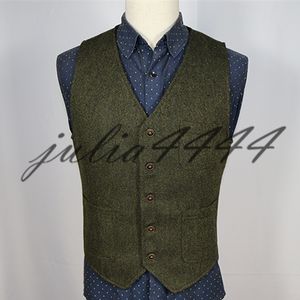 2019 Vintage Green Tweed Vest Wool Groom Vests Five Buttons Men's Suit Vests Slim Fit Men's Dress Vest Wedding Waistcoat