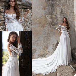 2020 Boho Wedding Dresses Bateau Long Sleeve Bridal Gown Appliqued Lace Beaded Tassel Ruched Chiffon Sweep Train Custom Made Robes De Mariée