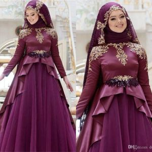 Elegant Plum Muslim Evening Dresses Long Sleeves Satin Prom Dress With Puplum Floor Length Arabic Simple A Line Party Gowns Custom