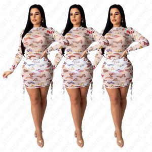 Kobiety Sukienki Z Długim Rękawem Sukienka Krótka Spódnica Moda Przezroczysta Siatka Pasek Design Butterfly Pełna Drukarnia Dress Bodycon Suknie S-XL D41001