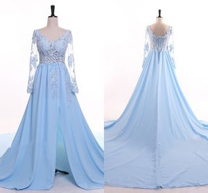 Illusion Long Sleeve Prom Dresses High Slit Applique Sequin Beaded Lace Open Back Lace-up Evening Gowns With Train Formal Dress
