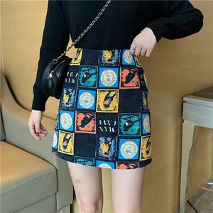 New Fashion Womens High Waist Bird Doodle Print Corduroy Fabric A-line Plus Size Large Short Skirt Boot Cut 3xl 4xl