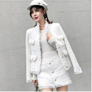 2020 White Luxury Women Tweed 2 Piece Set Autumn Winter Woollen Beading Pearl Tassle Jacket Coat + High Waist Pencil Suits