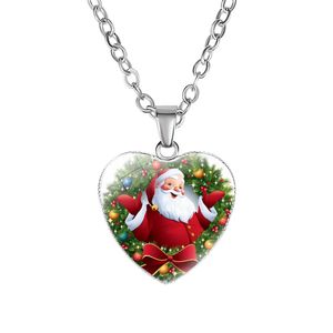 God jul hjärtformad halsband för kvinnor män ren träd santa claus bell snögubbe hängsmycke kedjor mode festival smycken