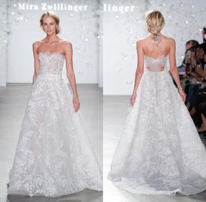 Mira Zwillinger A Line Wedding Dresses Strapless Sleeveless Sequins Applique Ruched Wedding Gown Sweep Train robe de mariée