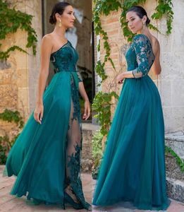 Custom Made Sexy Hunter Evening Dresses One Shoulder Long Sleeve Illusion Bodice Appliques Front Split Long Evening prom Gowns