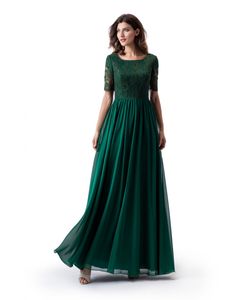 Dark Green A-Line Długą Skromną Sukienka Prom Z Pół Rękawami Koronki Top Szyfonowa Spódnica Długość Piętra Womer Formalna Suknia Wieczorowa Wed Party Dress