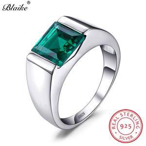 100% Real 925 Sterling Silver Ringar för Män Kvinnor Square Green Emerald Blue Sapphire Birthstone Wedding Ring Fine Smycken