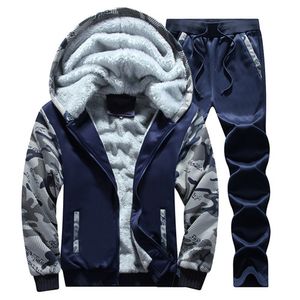 Vendita calda Tuta da uomo Felpe mimetiche invernali da uomo Felpe calde con cappuccio casual da uomo Addensare in pile 2 pezzi Giacca + pantaloni