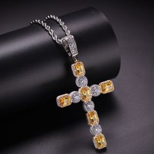 Véritable Plaqué Or Glacé Coloré CZ Cubique Zircone Croix Pendentif Chaîne Collier Designer De Luxe Plein Diamant Hip Hop Rappeur Bijoux Cadeaux