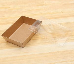 200sets 일회용 식품 용기 950ml 크래프트 종이 포장 상자 투명한 뚜껑 패스트 푸드 상자