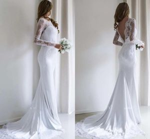 Элегантные бато кружевные русалка свадебные платья с длинным рукавом без спинного атласных пляжных свадебных платье