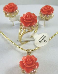 Smycken Hot Sälj Ny - Ny Tibet Rose Coral Flower Pendant Earring Ring Set + Snabbkedja Stil 100% Natural Jade Noble Fine Jewe