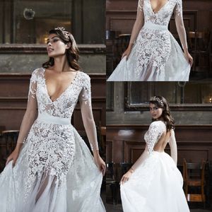 Mermaid Mermaid MaiSignore Vestidos de Noiva V Pescoço Manga Longa Tule Lace Applique Cristal Vestido de Casamento Varredura Trem Personalizado Robe de Mariée