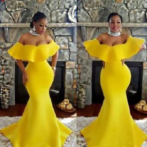 Elegant Yellow Evening Dresses Off the Shoulder Ruffles Mermaid Sweep Train Custom Made Plus Size Celebrity Party Prom Gown Formal Occasion