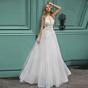 Stunning Lace Beach Backless Wedding Dresses Sheer Bateau Neck A Line Beaded Bridal Gowns Sweep Train Tulle robe de mariée