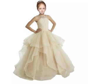 2018 Champagne Girls Pageant Dresses Halter Ball Gown Ruffles Sequin Beaded Crystal Little Girls Flower Girl Dresses Cheap Long New