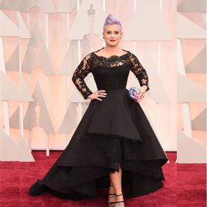 Plus Size Long Formal Dresses Oscar Kelly Osbourne Celebrity Black Lace High Low Red Carpet Sheer Evening Dresses Ruffles Party Gowns SD3348