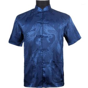 Camicie casual da uomo Top Camicia in raso di seta blu navy Camicia vintage cinese a maniche corte indumento Tang Suit S M L XL XXL XXXL1