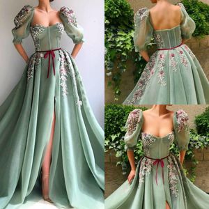 Vintage Beaded Split Prom Dresses A Line Sweetheart Half Long Sleeve Lace Appliqued Plus Size Evening Gowns Custom Made Party Dress