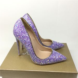 Casual Designer sexy lady fashion women shoes purple glitter pointy toe stiletto stripper High heels Prom Evening pumps large size 44 12cm