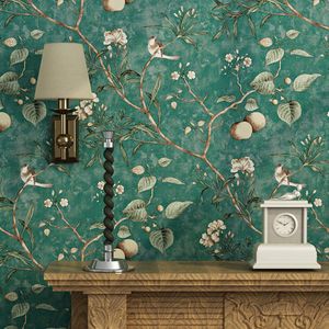 Amerikansk pastoral blomma och fågel tapet vintage äppelträd väggmålning bakgrundsbilder rulla grön gul väggpapper papier peint
