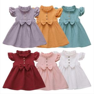 Baby Girls Dresses Children Bow Ruffle Princess Dress Solid Fly Sleeves Patchwork TUTU Dresses Infant Summer Party Birthday Suit AYP461
