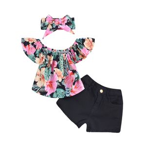 Girl Kids Summer Clothing Sets Turn Down Collar Full Flower Print Flying Sleeveless Shirt + short +headbands Summer Girl clothing sets