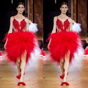 Runway Fashion Short Prom Dresses Red Lace Appliques Spaghetti Evening Gowns Ruched Tulle Cocktail Party Dress Cheap Formal Wear