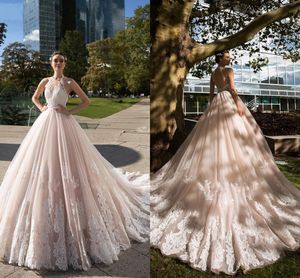 2020 Empire Waist Tulle Wedding Dresses Halter Lace Sexy Backless Bridal Gowns Plus Size Sweep Train Appliques robes de mariée AL4637