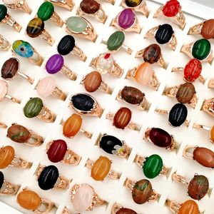 Newest 30 Pieces/lot Natural gemStone band Rings crystal Bohemia Mix Style Rose Gold Designs for Women's and Men fashion party charm Jewelry Gift