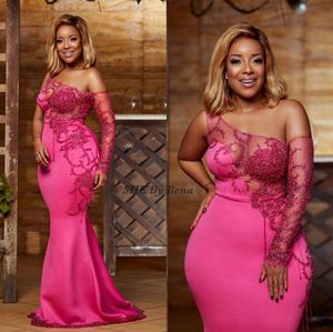 Zuhair Murad Pink Mermaid Evening Dresses Sexy One Shoulder Satin Prom Dress Dubai Bling Crystal Party Pageant Gowns Plus Size