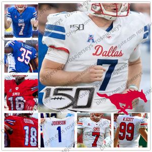 Custom SMU Mustangs 2020 Calcio Bianco Blu Rosso 7 Shane Buechele 5 Xavier Jones 3 James Proche 150TH Maglia da uomo Youth Kid 4XL