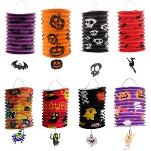 Halloween Folding Organ Paper Lantern Children's Portable Paper Pumpkin Bat Skeleton Hanging Lantern Light Lamp Halloween Decor Tool RR