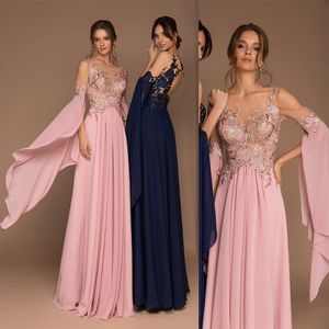 Skromny Różowy Sliviamo a Line Prom Dress Jewel Krótki rękaw Hollow Lace Aplikacja Party Dress Sweep Rates De Soirée