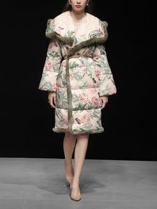 Europeisk ny design Kvinnors avslag på krage faux päls lapptäcke långärmad tryck blommönster med bältes knälängd ned bomullsparka