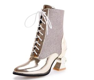 Designer-D zimowe buty damskie Unikalne wysokie obcasy Spioste Toe Botki Kostki Koronki Gold and Sliver Booties Nmm8