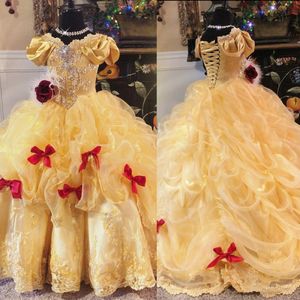 Amarelo brilhante em camadas Floristas Dresses frisados ​​apliques Tulle Meninas Pageant Dresses Lace Up Voltar vestido de baile Kids Wear Formal